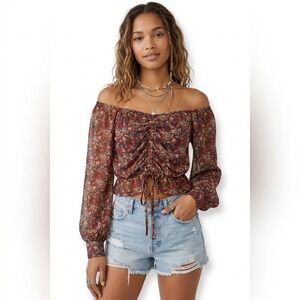 Willow + Root Ruched Floral Mesh Crop Top Burgundy Boho Cottagecore Size XS